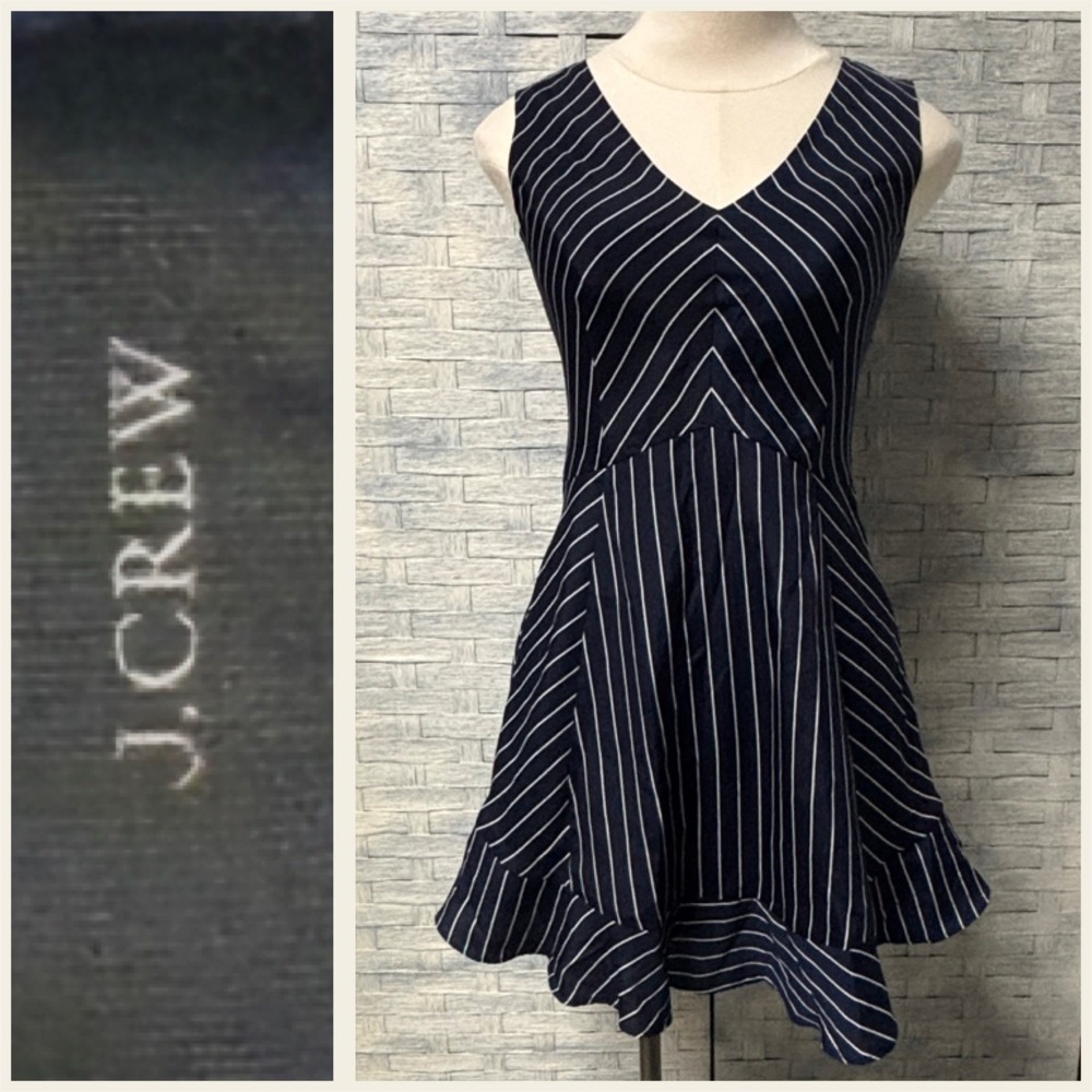 J. Crew Navy White Stripe V Neck Fit Flare Dress Women's 00‎